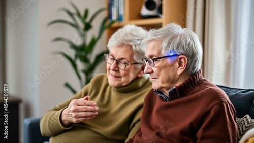 Elderly couple using health monitoring wearable devices