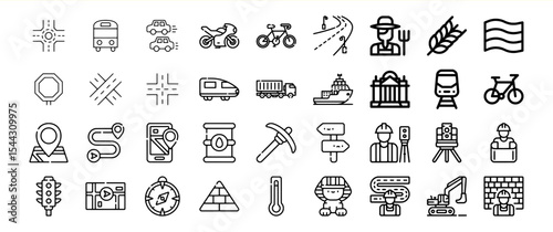 Collection of Black Line Icons Transportation Construction Travel