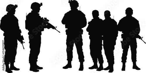 Vector illustration of military soldiers silhouettes, armed forces team in gear, tactical army men, combat ready, defense, protection, security stance