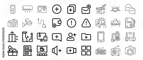 Collection of Black Outline Technology Icons on White Background