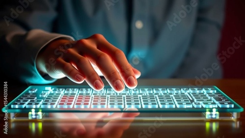 Hands typing on futuristic transparent keyboard