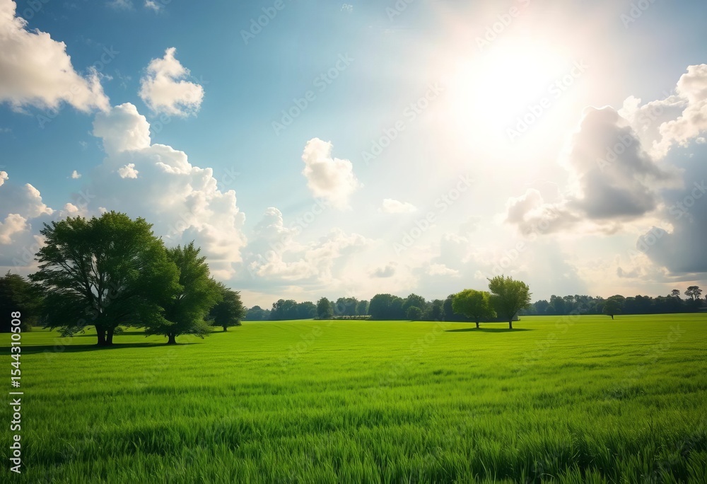 Obraz premium Lush green field, trees, fluffy clouds, idyllic grassland, vibrant sunlight, serenity, beautiful