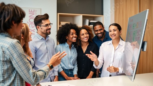 Mixed race team brainstorming on interactive digital whiteboard