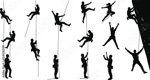 Vector illustration of rock climbers silhouettes on ropes, mountain climbing poses, extreme sport activity, adventure, outdoor challenge, fitness training