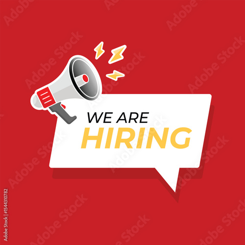 A red and white megaphone with a lighting effect, and we are hiring text inside the chat bubble. Red and Yellow colors. Vector illustration