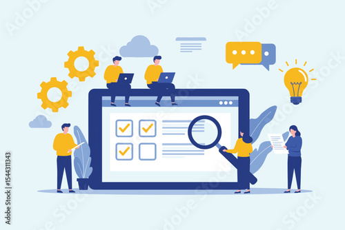 Digital Marketing Team Optimizing Online Strategy, Collaborating on SEO, Content, and Analytics, Innovating Campaigns for Business Growth and Brand Visibility flat vector illustration