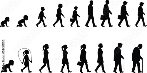 Vector illustration showing human life stages from baby to elderly, aging process, growth development, male and female evolution silhouette