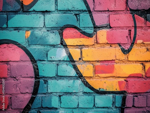Colorful graffiti art on a brick wall. Vibrant hues of teal, pink, orange, and yellow adorn the brickwork in flowing, abstract designs