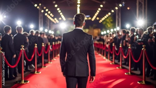 Elegance and Fame: A Man in Suit Walking on a Red Carpet Event with Paparazzi