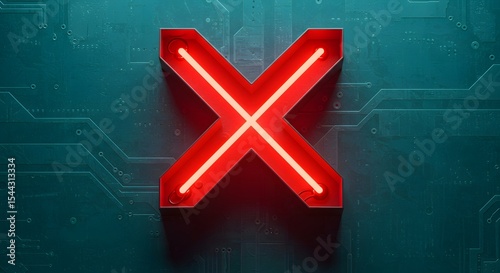 Red neon X sign on a teal circuit board background, futuristic design