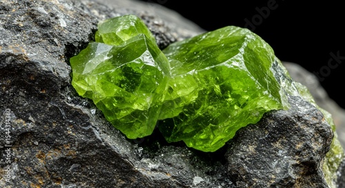 Vibrant Green Olivine Crystals Embedded in Dark Volcanic Rock Close Up Geology Specimen