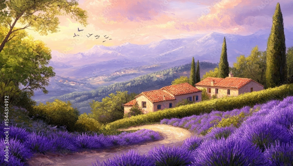 Fototapeta premium Serene lavender fields, sun-drenched hillside village nestled in a valley with mountains in the background