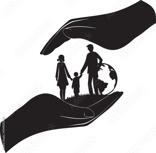 A vector silhouette illustration of a family on the beach with an umbrella
