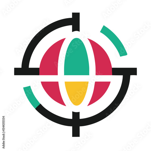 Abstract Global Targeting Icon Red Teal Yellow Gold Colors Crosshairs Globe Graphic Design Element Friendship