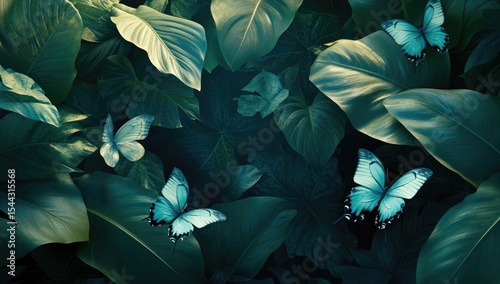 Teal butterflies flit amidst lush, deep green tropical foliage