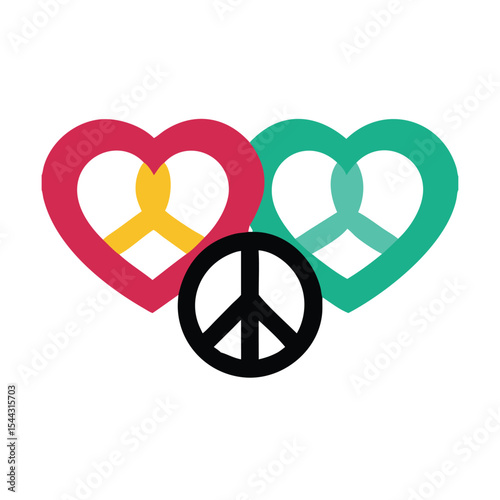 Two Intertwined Hearts Red Green Yellow Colors Peace Symbol Friendship Graphic Design Element