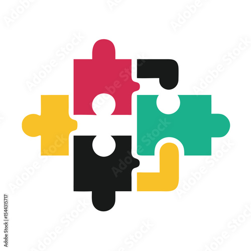Four Interlocking Colorful Puzzle Pieces Forming a Square Teamwork Collaboration Concept Graphic Design