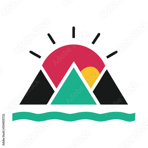Abstract Sunrise Over Three Teal Mountains Wavy Teal Water Friendship Graphic Design