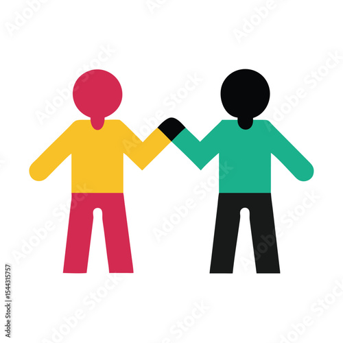 Two Simple Cartoon Figures Holding Hands Red Yellow Green Colors Friendship Unity