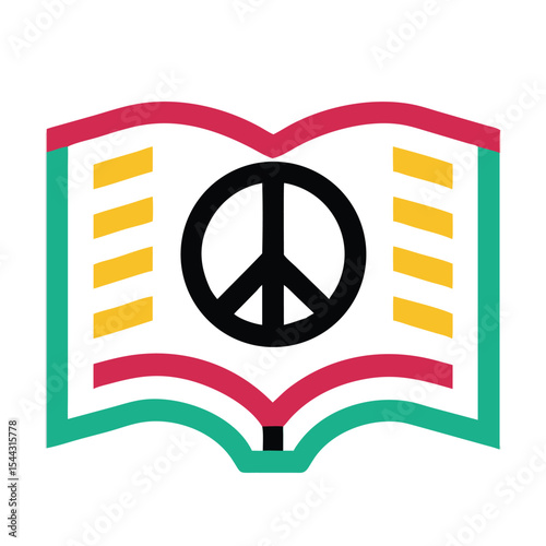 Open Book with Teal Red and Gold Pages Featuring a Peace Symbol Inside vector