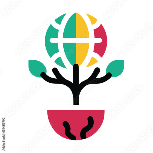 Global Friendship Growing Teal Yellow Red Globe Plant Icon Symbol leaves green