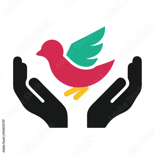 Two Hands Gently Holding a Red and Teal Bird Symbol of Friendship and Care vector