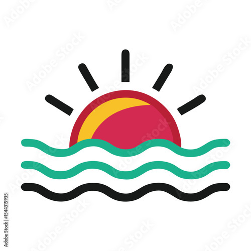 Red Yellow Sun Setting Over Teal Wavy Ocean Waves Simple Flat Icon Graphic Friendship