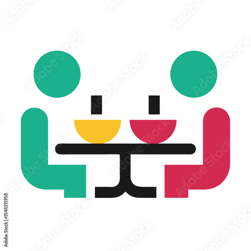 Two Teal Red Figures Sharing Meal Yellow Red Bowls Table Friendship people