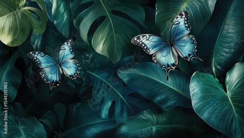 Two vibrant blue butterflies flit amongst lush, deep green tropical leaves