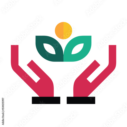 Abstract logo design featuring two crimson hands cradling teal and green leaves surrounding a yellow circle
