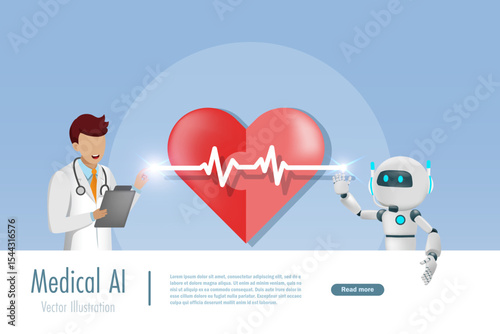 Doctor touch Electrocardiogram (ECG, EKG) interact on jigsaw heart with AI robot. Artificial intelligence innovation technology for assist and diagnosis medical treatment. Research and development.