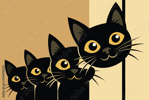 Three stylized black cats with bright yellow eyes are peeking out from behind a light beige/tan divider.