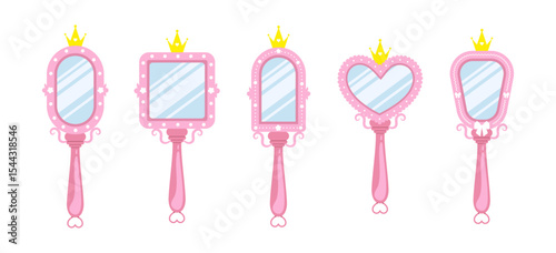 Princess mirror. Set of Small mirrors for applying women makeup. Furniture for princess or royal room interior. Vintage Vector illustration in flat cartoon style.