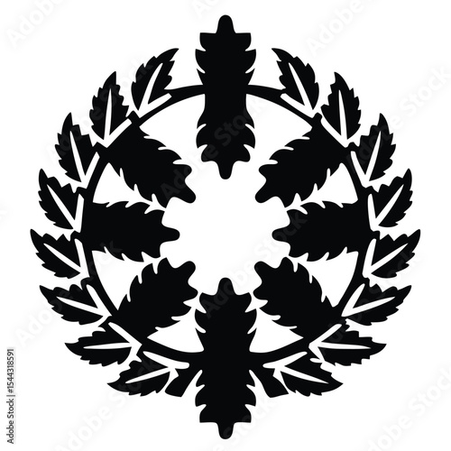 A symmetrical, circular design featuring a wreath of stylized leaves radiating outward from a central point.