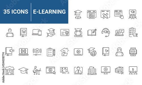 E-learning set of web icons in line style. Online education icons for web and mobile app. Distance learning, video tutorial, online lecture, school, university, webinar. Vector illustration
