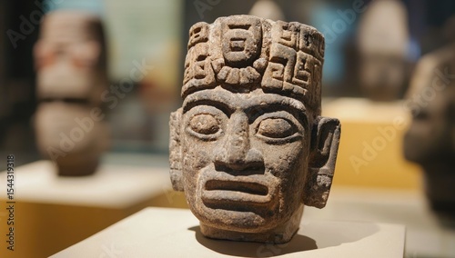 Ancient stone head, intricate carvings photo
