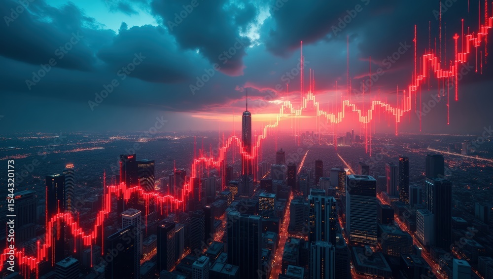 Fototapeta premium A glowing stock market chart with overlays a nighttime city skyline, symbolizing financial and data trends.