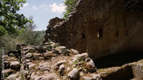 Crumbling stone walls and vegetation characterize the ancient rupestrian settlement of Zungri in Calabria, Italy, on a sunny day
