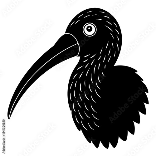 Black and white silhouette of a bird head with a long beak