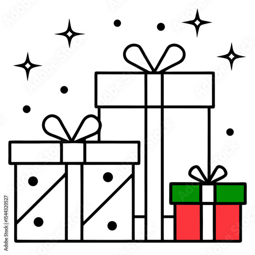 Three gift boxes with bows and sparkling stars festive illustration