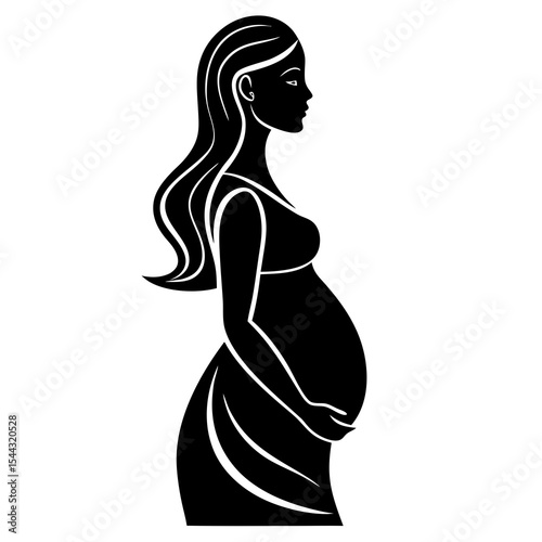 Silhouette of a pregnant woman with long hair in profile