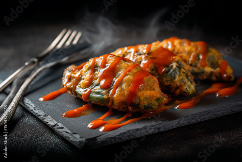 a plate of food with sauce and a fork
