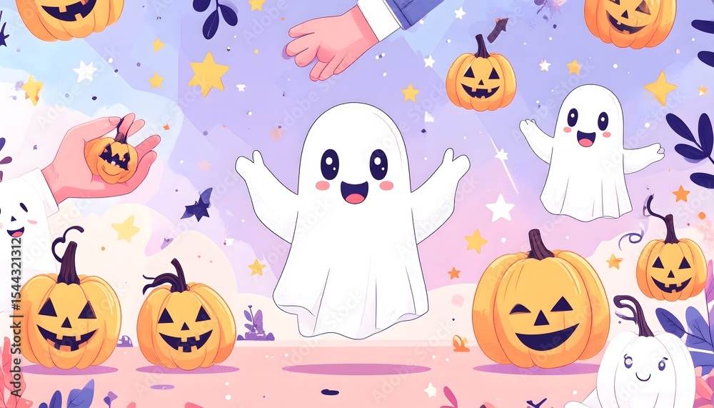 Fototapeta premium Adorable pastel Halloween vector featuring a smiling ghost playfully floating among pumpkins and sparkly stars. Soft flat design perfect for cute seasonal invites, kids decor, or spooky-sweet merch.