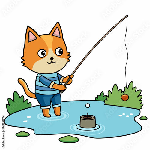 Cat Catching Fish in River Illustration