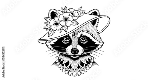 Sophisticated Raccoon with Floral Hat: A refined raccoon, adorned with a decorative hat and a delicate pearl necklace, showcases elegance and charm in this intricately detailed illustration. 
