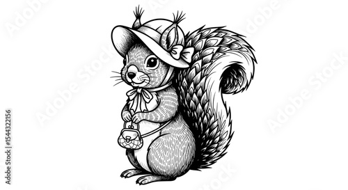 Charming Squirrel in Vintage Attire: A delightful monochrome illustration of a squirrel, adorned in vintage clothing, holding a purse, exuding an air of elegance and whimsy.