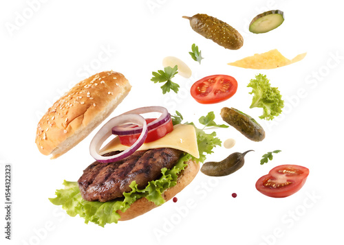 Delicious burger ingredients in mid air explosion