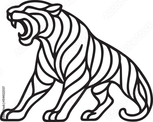 This image showcases a dynamic "simple line drawing tiger" in black and white. The powerful feline is depicted in a menacing stance with an open mouth, showcasing its fierce nature. The design uses cl