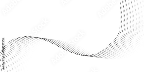 Flowing dots particles wave pattern halftone gradient curve shape isolated on white background.