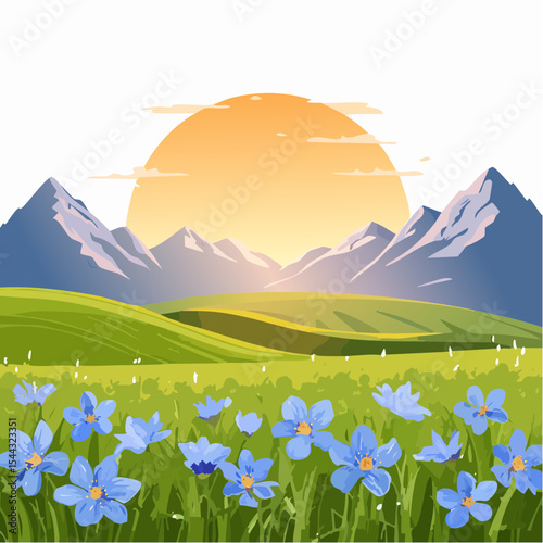 Green grass with wild blue flowers in the mountains at sunset. Beautiful summer landscape
